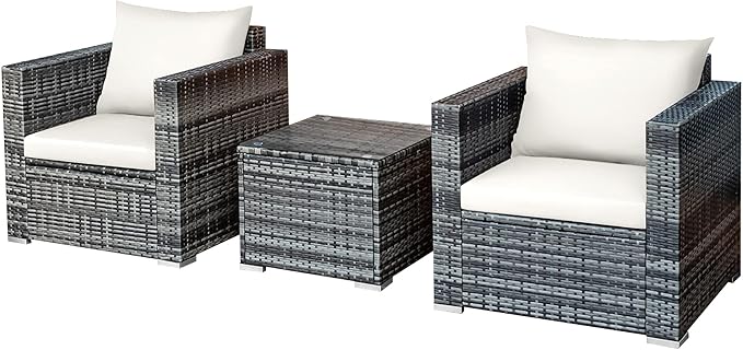 DORTALA 3 Pieces Patio Furniture Set, Outdoor Rattan Sofa Couch Set with Cushions, Tempered Glass Coffee Table, Wicker Patio Conversation Set for Lawn Backyard Poolside Balcony, White