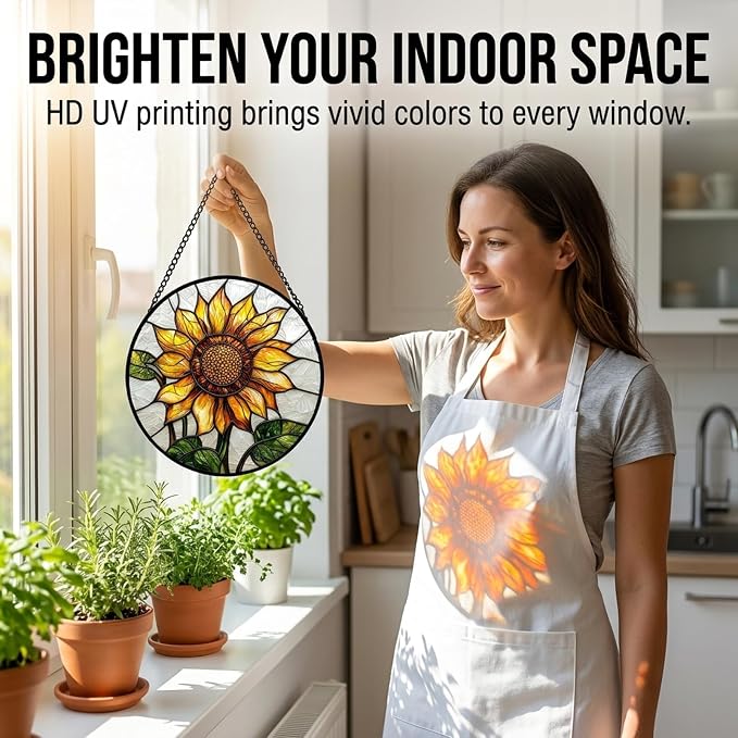 Sunflower Gifts for Women - Yellow Flower Faux Stained Glass Window Hanging Sun Catcher for Door Garden Acrylic Decor Mother's Day Christmas Birthday Gift for Mom Nana Grandma Sisters Colleague 7.8"