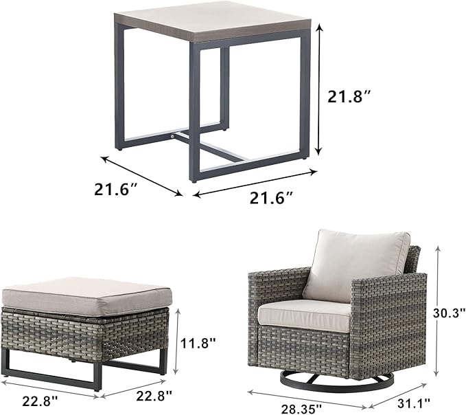 Wicker Outdoor Patio Furniture Set - 5 Piece Patio Conversation Set with 2 Swivel Rocker Chairs,2 Rattan Ottoman and 1 Metal Side Table for Outside Porch Deck Backyard Garden(Mixed Grey/Beige)
