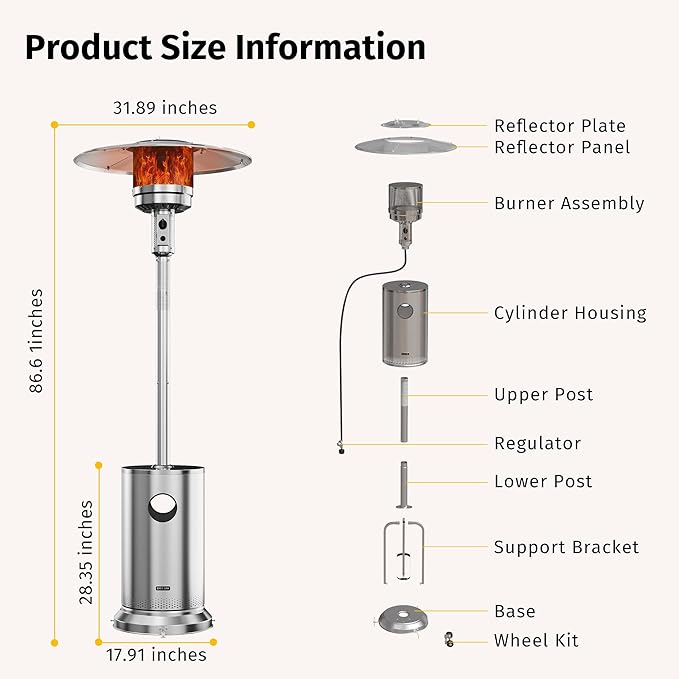 EAST OAK 50,000 BTU Patio Heater for Outdoor Use With Round Table Design and Wheels, Outdoor Patio Heater for Home and Commercial, Double-Layer Stainless Steel Burner, Stainless Steel