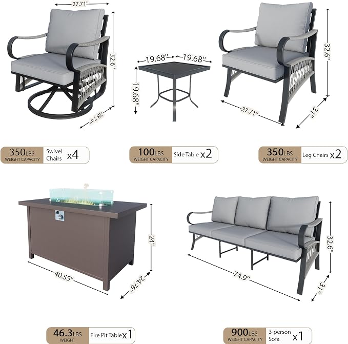 10 Pieces Patio Conversation Sets, All Weather Metal Outdoor Furniture Set 3-Seater 2 Single Chairs 4 Swivel Rockers with 2 Side Tables and Fire Pit Table for Backyard Garden Deck Poolside, Gray