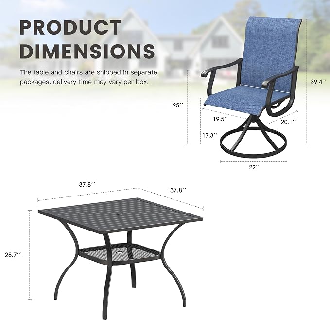 Outdoor Dining Set for 4, 37.8" Metal Outdoor Dining Table with Umbrella Hole and Sling Patio Swivel Chairs, 5 Pieces Patio Table and Chairs Set for Backyard, Dark Blue and Black