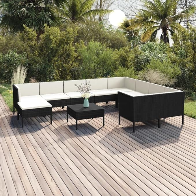11 Piece Patio Lounge Set with Cushions,Patio Sofa,Outdoor Daybed,Patio Seating,Outdoor Furniture Sets,Patio Conversation Sets,Modern Set,Outdoor Patio Chairs,for Backyard,Garden,Poly Rattan Black