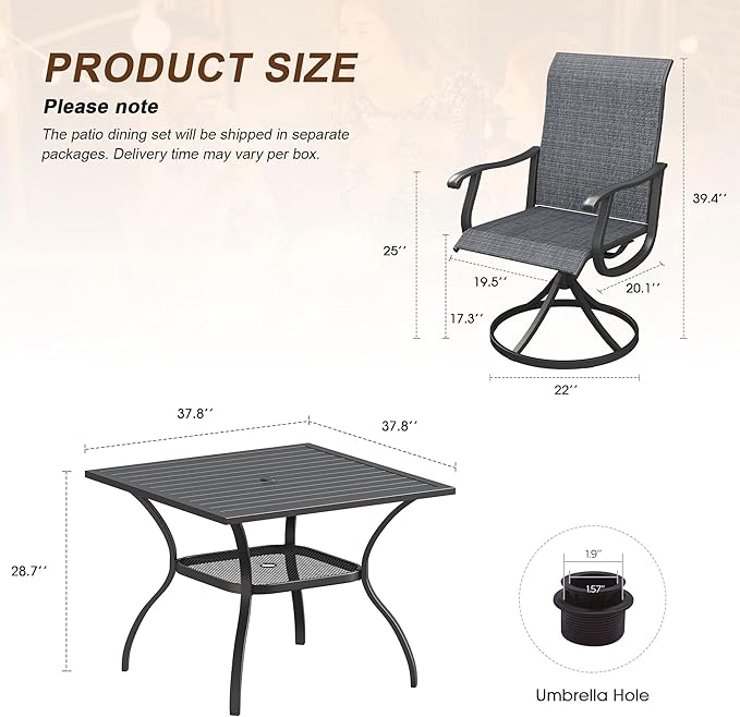 VICLLAX Patio 5 Pieces Outdoor Dining Set for 4, 38" Square Metal Dining Table with Umbrella Hole and 4 Swivel Textilene Chairs for Lawn,Garden,Porch,Black/Dark Grey