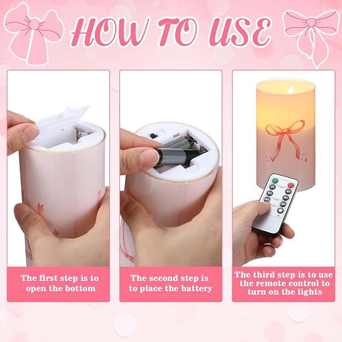 Tujoe 3 Pcs Valentines Flameless LED Candle with Remote Coquette Pink Bow Candles Pillar Candle Set Battery Operated Romantic Valentine Decorations for Home Wedding Bachelorette Bridal Birthday