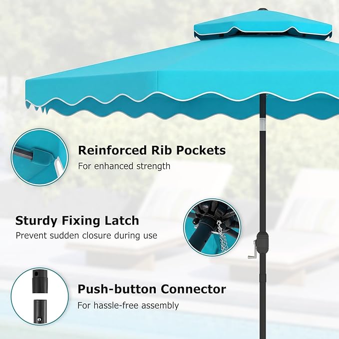 Happygrill 10 FT Patio Umbrella, Scalloped Outdoor Table Market Umbrella with Push Button Tilt & Crank, 2-Tier Vented Top, Heavy-Duty 8 Metal Ribs, Sun-Protective Canopy, Ruffle for Deck Pool Garden (Turquoise)