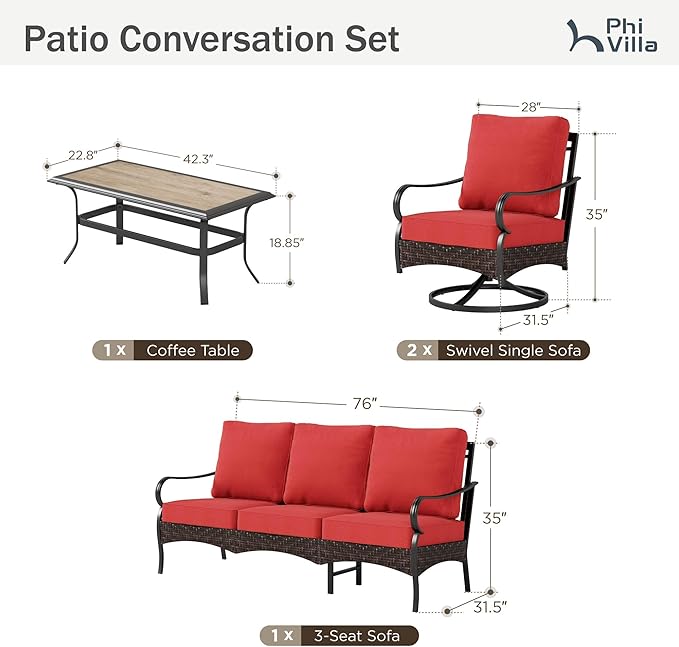 PHI VILLA Outdoor Modern Patio Furniture Set, Upgraded Wicker & Metal Patio Furniture Conversation Set with Waterproof Thick Cushions for Porch, Poolside, Yard (4 Pieces,Red)