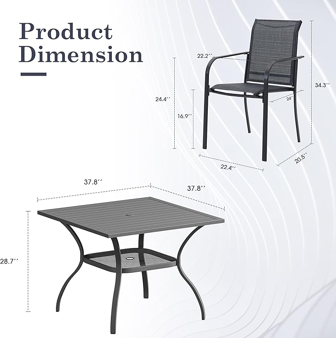 5 Pieces Outdoor Dining Set, Stackable Textilene Paito Chairs & 37.8" Square Dining Table with Umbrella Hole and Shelf, Patio Dining Set for Backyard, Deck, Garden, Grey & Dark Grey