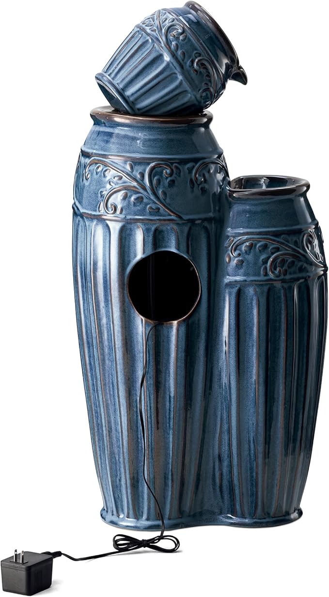 Glitzhome 35.5" H Ceramic Outdoor Water Fountain with LED Lights, Oversized 4-Tier Pots Outdoor Fountain, Turquoise Glaze, Embossed Pattern, Decorative Cascading Waterfall for Garden, Patio