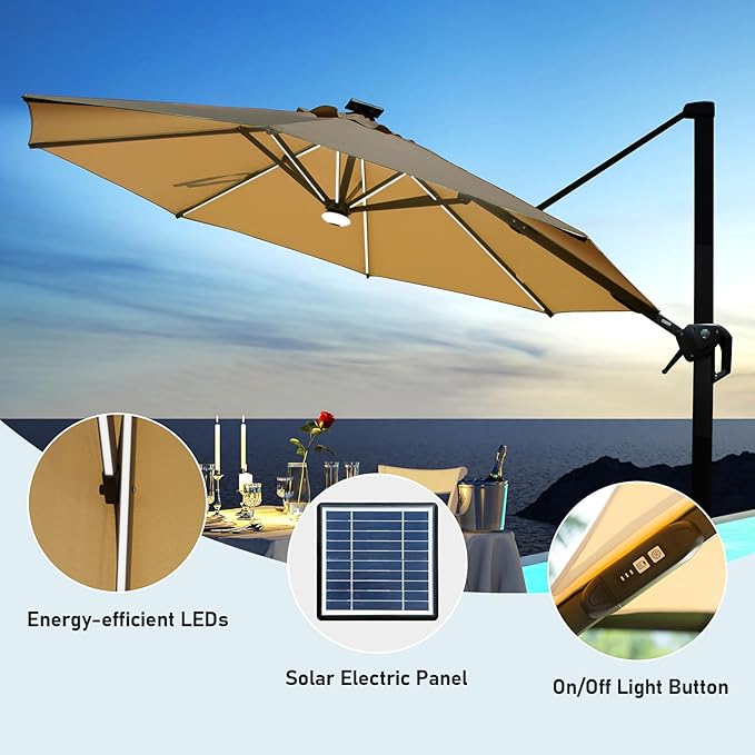 Domi 10FT Cantilever Patio Umbrella Solar Powered LED Round Deluxe Offset Umbrella, Aluminum Hanging Umbrella with 360°Rotation, Outdoor Market Umbrella for Outside Deck Backyard Garden Pool, Beige