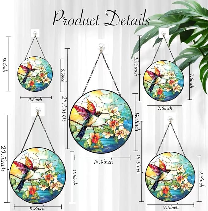 Stained Glass Window Hanging - Colorful Hummingbird Stand on Branches Covered in Flowers 6.3 Inches Suncatcher for Garden Home Decor for Women Mom Grandma Friends