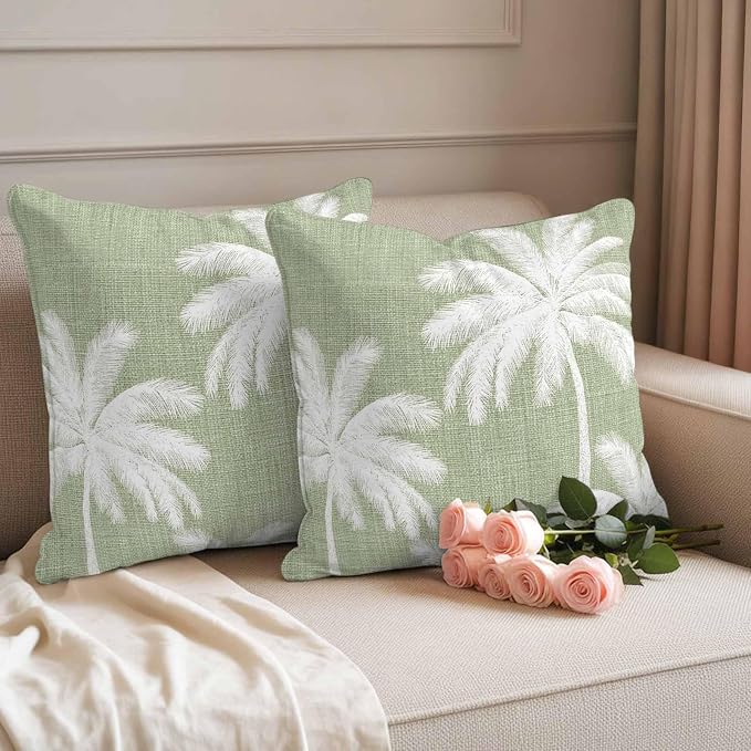 Outdoor Pillow Covers 20x20 Inch Set of 2, Sage Green Palm Trees Waterproof Throw Pillow Covers, Farmhouse Tropical Summer Beach Decorative Cushion Pillowcases for Couch, Sofa, Bed, Garden, Patio