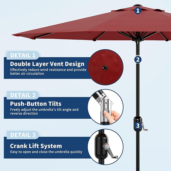 Garvee 9 ft Patio Umbrella - 8 Sturdy Ribs Outdoor Table Umbrella with Crank Lift & Push Button Tilt - Market Umbrella for Pool, Deck, Yard, Garden - Red