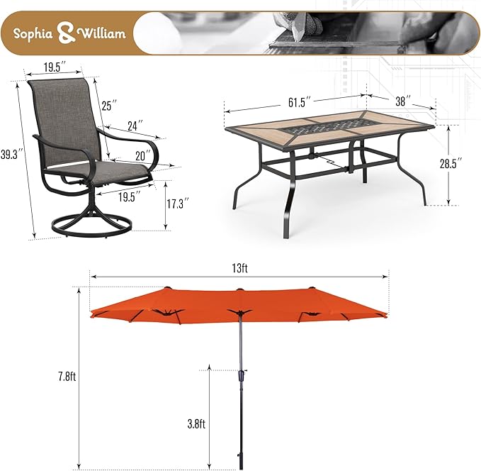Sophia & William Patio Set with Umbrella Patio Dining Set for 6 with 13ft Rectangle Patio Umbrella Red, 6 x Patio Chairs Brown, 1 Wood Like Outdoor Dining Table with Umbrella Hole for Lawn Garden