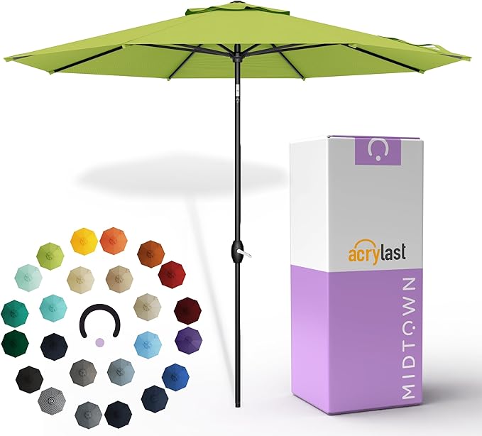 Midtown Umbrellas – The Lean 10 Ft Patio Umbrella with 10-Year-No-Fade Acrylast Acrylic Fabric, Auto-Tilt and 8 Reinforced Ribs for Deck, Pool, Garden, Hotel & Cafes – Green Tropic Canopy, Black Pole