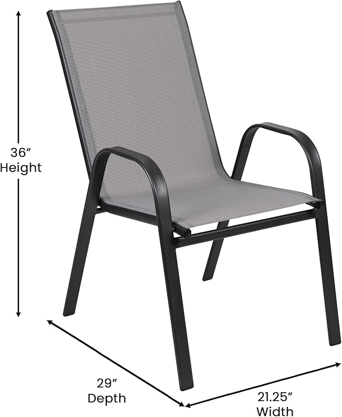 Flash Furniture Brazos Commercial Outdoor Dining Set, 60" Tempered Glass Patio Table with Umbrella Hole, 6 Stack Chairs with Flex Comfort Seats and Backs, Gray/Black