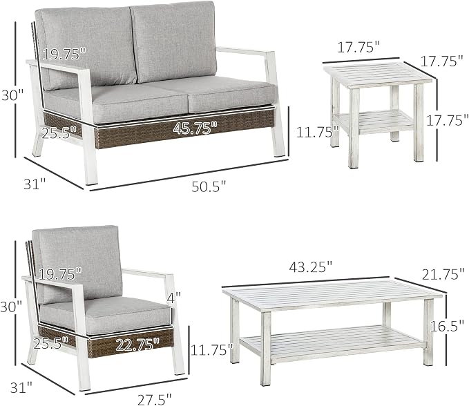 Outsunny Aluminum Patio Furniture Set, 5 Piece Modern Outdoor Conversation Set with Loveseat Sofa, Chairs, Cushions, Coffee Table & Side Table, Gray