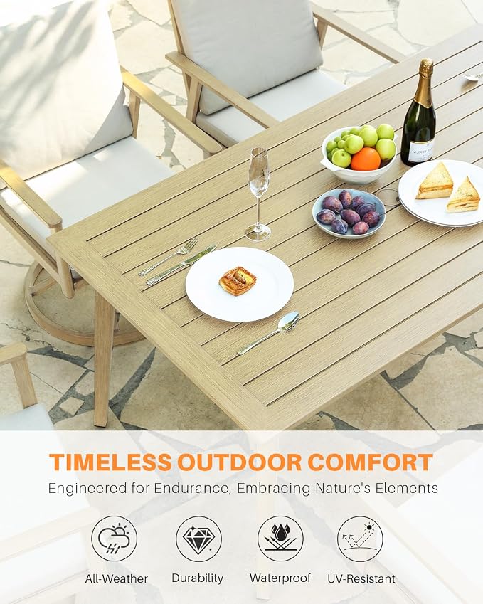 Outdoor Patio Dining Table for 8, Never-Rust Aluminum Outdoor Dining Table with 2.2" Umbrella Hole, 8 Person Outdoor Patio Dining Table Furniture for Decks, Garden, Porch, Lawn, Maple Wood