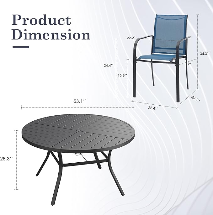 Patio Table and Chairs Sets for 8, Outdoor Dining Set with 8 Stackable Dining Chairs and 54" x 54" Round Thick Slatted Table for Backyard, Deck, Lawn, Garden, Dark Blue & Black