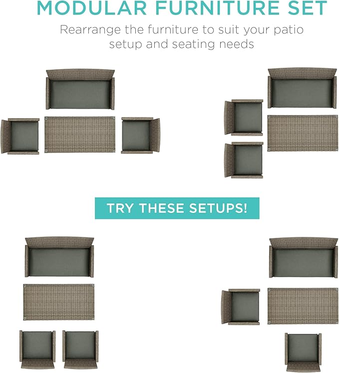 Best Choice Products 4-Piece Outdoor Wicker Patio Conversation Furniture Set for Backyard w/Coffee Table, Seat Cushions - Taupe/Slate Green