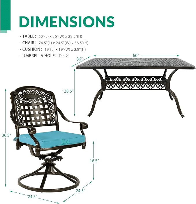 VIVIJASON 7-Piece Outdoor Furniture Dining Set, All-Weather Cast Aluminum Patio Conversation Set, Include 6 Swivel Dining Chairs and a Rectangle Table with Umbrella Hole, Ocean Blue Cushion
