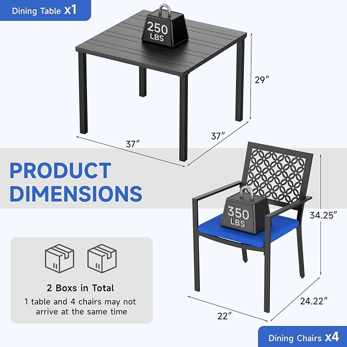 LuxaDomus 5 Piece Outdoor Dining Set, Wood Grain Square Outdoor Patio Table and Chairs Set, Metal Dining Set with with 4 Spacious Dining Chair, All Weather Patio furniture Set for Deck Garden Poolside