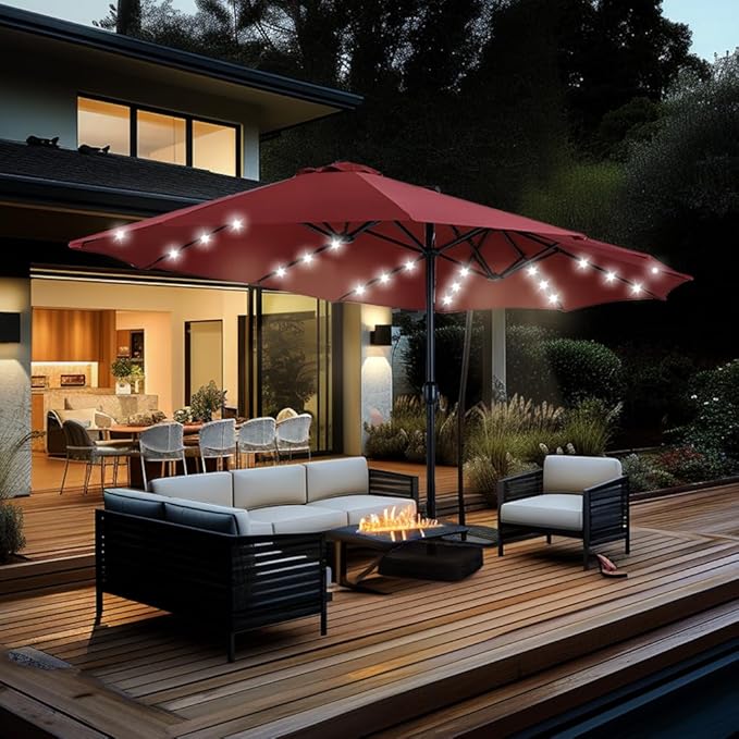 GREEN PARTY 15 ft Large Outdoor Patio Umbrella with Solar Led Lights & Base Included, Double-Sided Rectangular Table Umbrella with Stand, Market Umbrellas for Deck Poolside Garden Backyard, Red