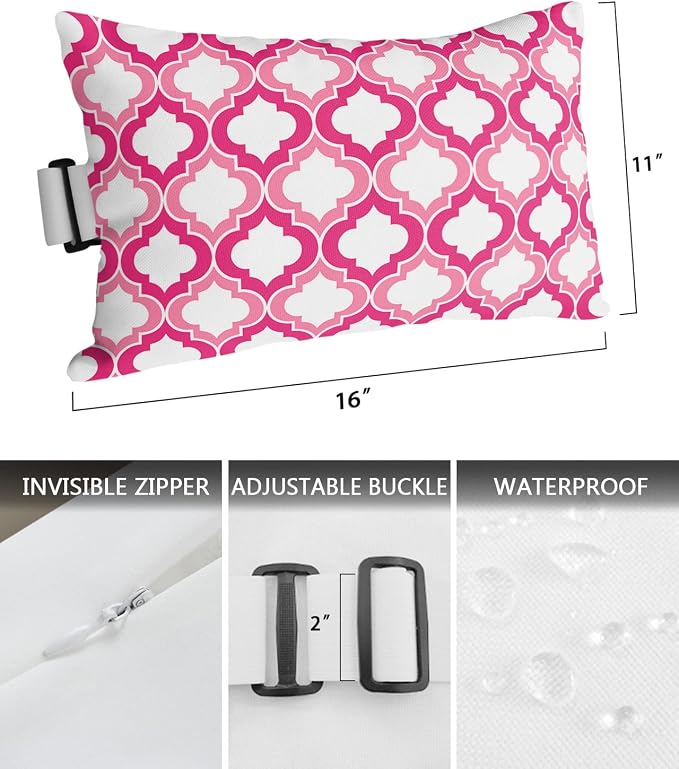Outdoor Pillows Covers with Inserts Pink and White Moroccan Pattern Geometric Waterproof Recliner Pillow with Adjustable Strap Throw Pillows for Patio Furniture Pool Lounge Chair, 11x16 inch, 1PCS