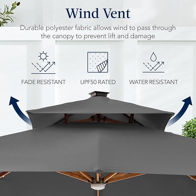 Best Choice Products 10ft Square Cantilever Patio Umbrella w/Base Included, Woodgrain Pattern Pole & Solar LED Lights, 360-Rotation, Offset Hanging Outdoor Shade