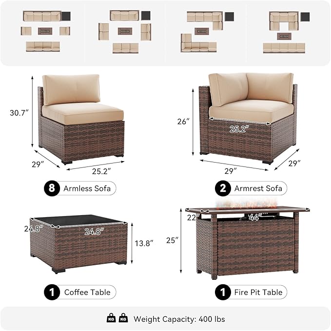 LazySunsets 12-Piece Patio Furniture Set with 44" Fire Pit Table, Wicker Outdoor Furniture, Patio Conversation Sets with Coffee Table, Outdoor Sectional Couch with Waterproof Cover, Beige