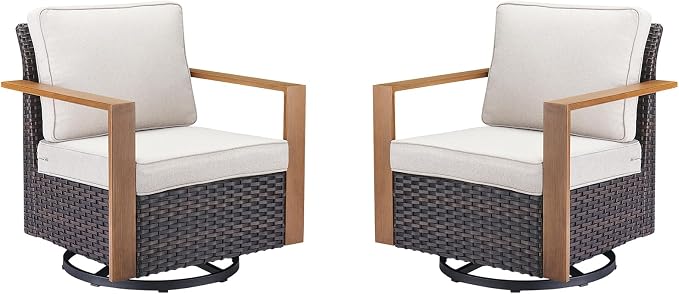 2PCS Outdoor Swivel Patio Chairs Set, All-Weather Wicker Swivel Rocker Chairs with High Back and Deep Seat, Patio Seating for Porch, Deck, Backyard and Poolside Beige