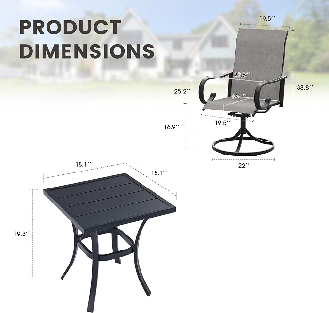 3 Pieces Patio Dining Set, 2 Outdoor Swivel Dining Chairs with 18.1" Square Outdoor Dining Table, All Weather Textilene Patio Chairs and Metal Table for Garden Backyard, Grey & Black