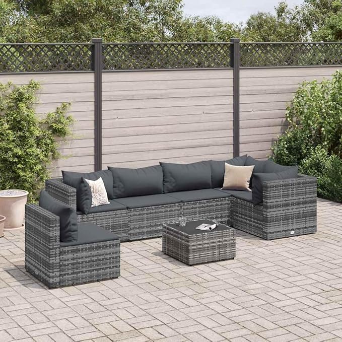 Outdoor Seating Furniture,Outdoor Conversation Sets,7 Piece Patio Lounge Set with Cushions Gray Poly RattanSuitable for Patio, Garden, Gazebo Low