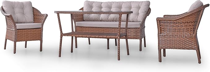 Angora Dinamic Rattan Outdoor Furniture Set – Stylish Garden and Patio Set with Table, Double Chair, and 2 Single Armchairs, Conversation Sets Best for Yard, Pool or Backyard, Brown