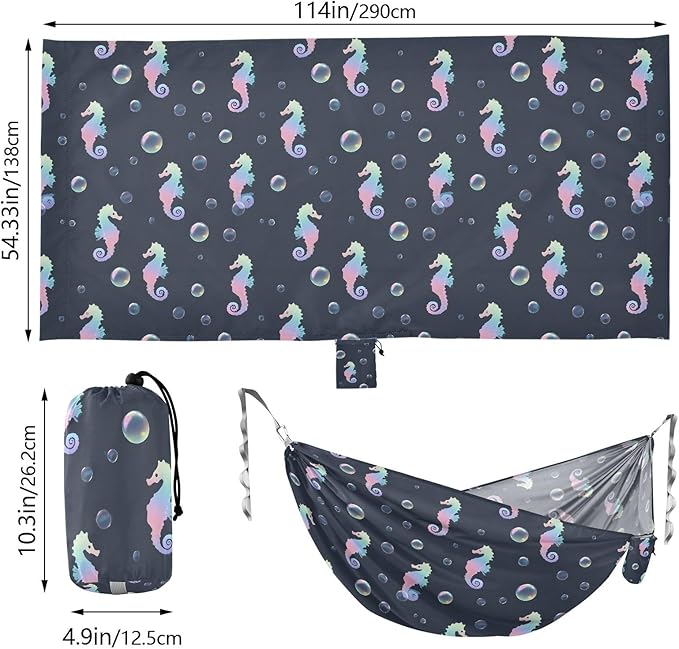 Camping Hammock Outdoor Hammocks for Outside Laser Seahorse Beach Trees Portable Lightweight with Pockets Tree Straps Indoor