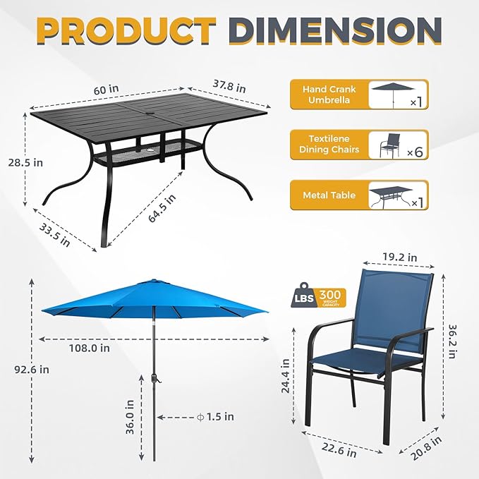 Incbruce 8 Pieces Patio Dining Set with Sky Blue Umbrella, Outdoor Dining Set of 6 Textilene Chairs and Rectangle Table with Umbrella Hole for Backyard, Garden, and Poolside (Blue)
