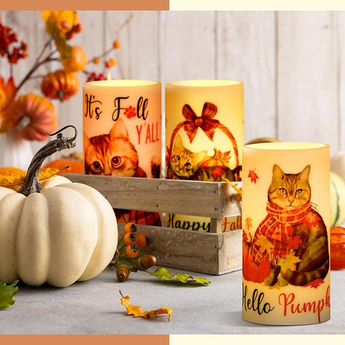 Retisee 3 Pcs Fall Flameless LED Candles Autumn Cat Pumpkin Flameless LED Candles for Bedroom Living Room Fall Thanksgiving Day Decorations
