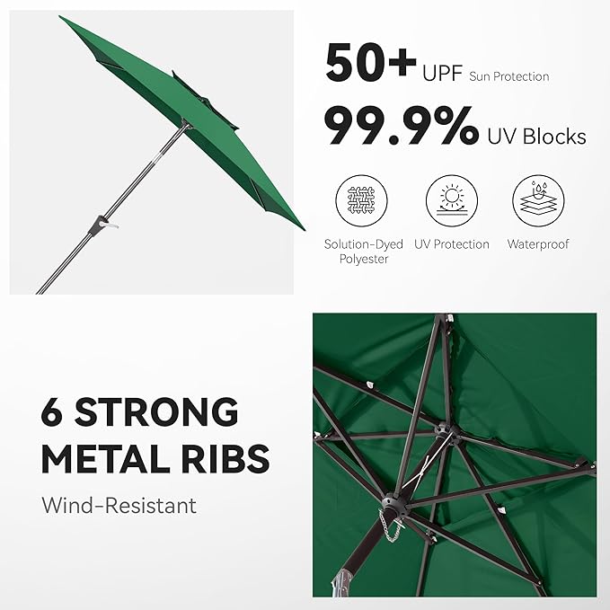 6.6 x 10 ft Rectangular Patio Umbrella, Outdoor Market Table Umbrella with Push Button Tilt and Crank, Double-Tier Vent, 6 Ribs, Rectangle Patio Umbrella for Backyard, Deck, Pool, Fits 4–6 Chairs and Tables (Dark Green)