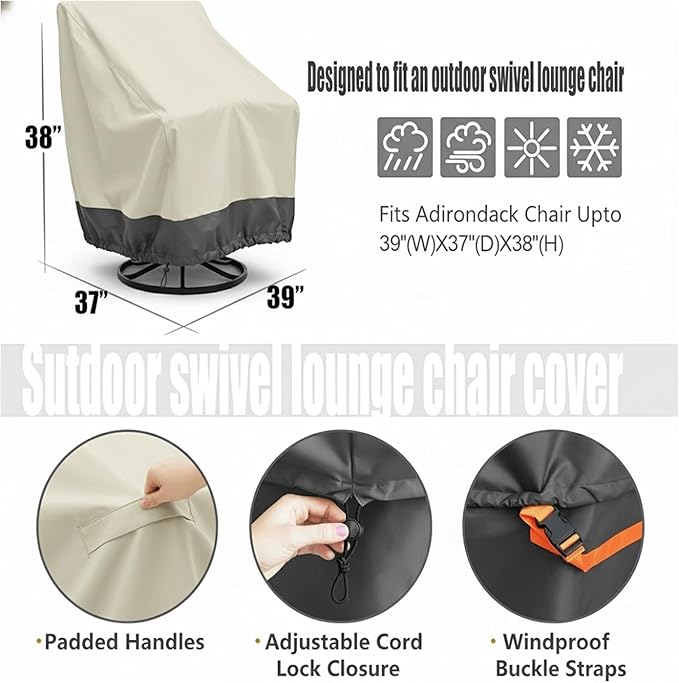 1 Pack Heavy Duty Patio Chair Covers - Rip-Resistant 600D Oxford Fabric - 8000mm Waterproof UV-Resistant Outdoor Furniture Covers for Adirondack, Rocking, and Swivel Chairs, 39"W x 37"D x 38"H