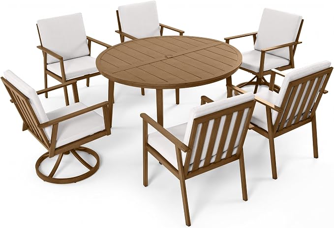 51" Round Outdoor Dining Table Set, 7-Piece Aluminum Round Outdoor Table with 6 Chairs, Rust-Resistant Faux Wood Grain Patio Table with Umbrella Hole for Garden, Backyard, Poolside, Teak