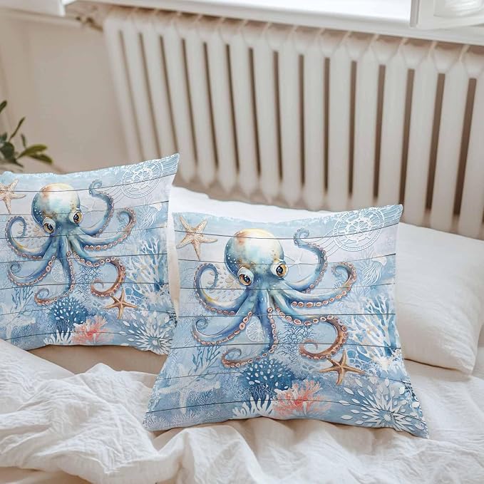 Coastal Octopus Waterproof Outdoor Pillow Covers Set of 2 Home Decor, Nautical Sea Starfish Coral Wooden Grain Pillowcase Patio Pillow Covers for Couch Bench Furniture Garden 24x24in