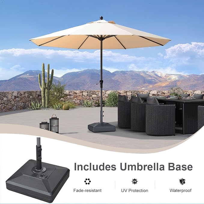 PURPLE LEAF 11' Round Patio Market Umbrella with Base Outdoor Table Umbrellas Aluminum Frame Sun Shade with 8 Sturdy Ribs for Garden Deck Lawn Pool Beige