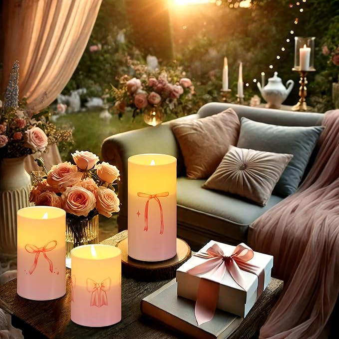 Tujoe 3 Pcs Valentines Flameless LED Candle with Remote Coquette Pink Bow Candles Pillar Candle Set Battery Operated Romantic Valentine Decorations for Home Wedding Bachelorette Bridal Birthday