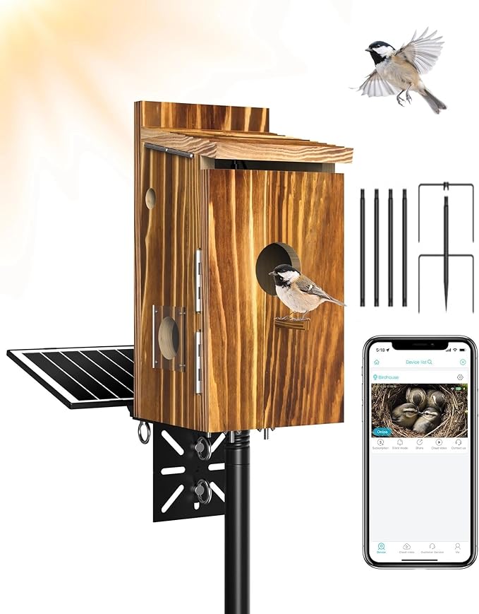KinetCam Bird House with Camera Solar Powered,2K HD Wi-Fi Bird Watching, Auto Detect&Notify, Night Vision, APP Control, Birdhouse for Birds Nesting, Wooden Birdhouse with Cam Inside (Include Pole)