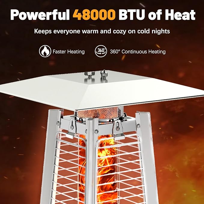 FOOWIN Propane Patio Heater, 48,000 BTU Outdoor Patio Heater with Wheels/Waterproof Cover & Gloves,Quartz Glass Tube Pyramid Outdoor Heater for Party,Backyard, Garden Silver Grey