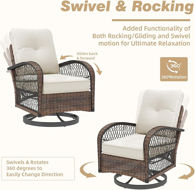 EROMMY 3 Pieces Patio Furniture Set, Outdoor Swivel Rocker Patio Chairs, Wicker Patio Bistro Set with Rocking Chair, Thickened Cushions and Glass Coffee Table for Backyard, Garden, Beige