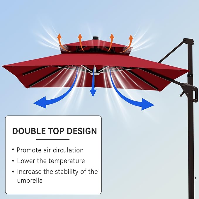 10' X 13' Cantilever Patio Umbrella with Base Included and Led Lights Double Top Rectangular Outdoor Large Offset Umbrellas with 7 Tilts Adjustable 360°Rotation for Deck Pool Garden Backyard, Red
