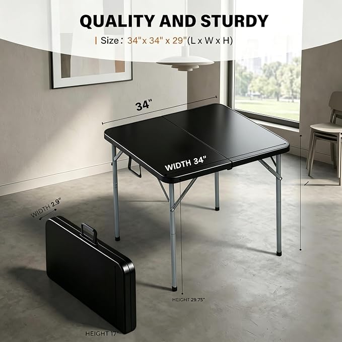 34 In Square Folding Card Table,Heavy Duty Plastic Foldable Table with Built-in Carry Handle&Steel Legs,Portable Indoor Outdoor Utility Table for Dining,Party,GameNight, Camping,Picnic,Black