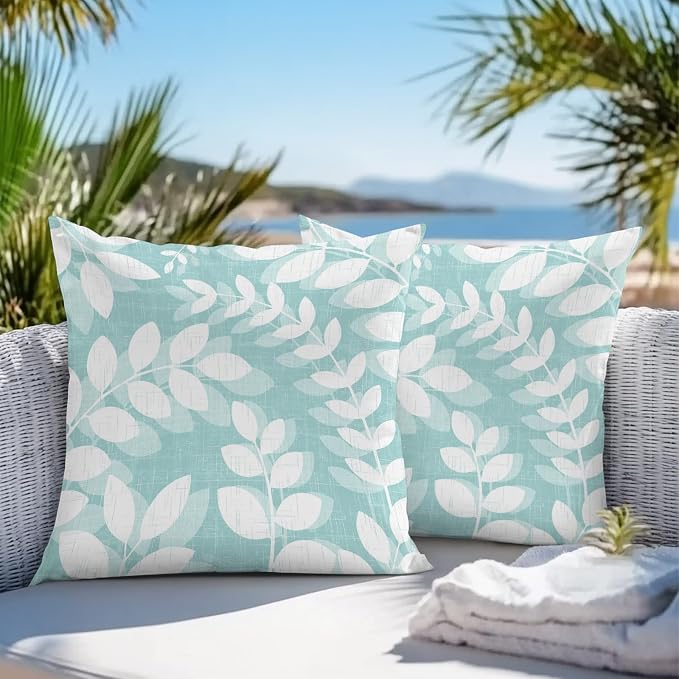 Pale Teal Leaves Outdoor Waterproof Throw Pillow Covers 18x18 Set of 2, Farmhouse Botanical Branch Vintage Boho Leaf Decorative Pillowcases Cushion Pillowcase for Couch Sofa Patio Pillow Protector