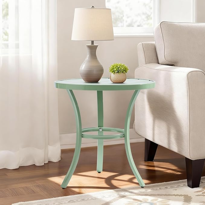 Outvita Outdoor Round Side Table, Small Metal End Table Black Coffee Table for Patio Lawn Garden Living Room Bedroom Sturdy (Single Layer, Light Green)
